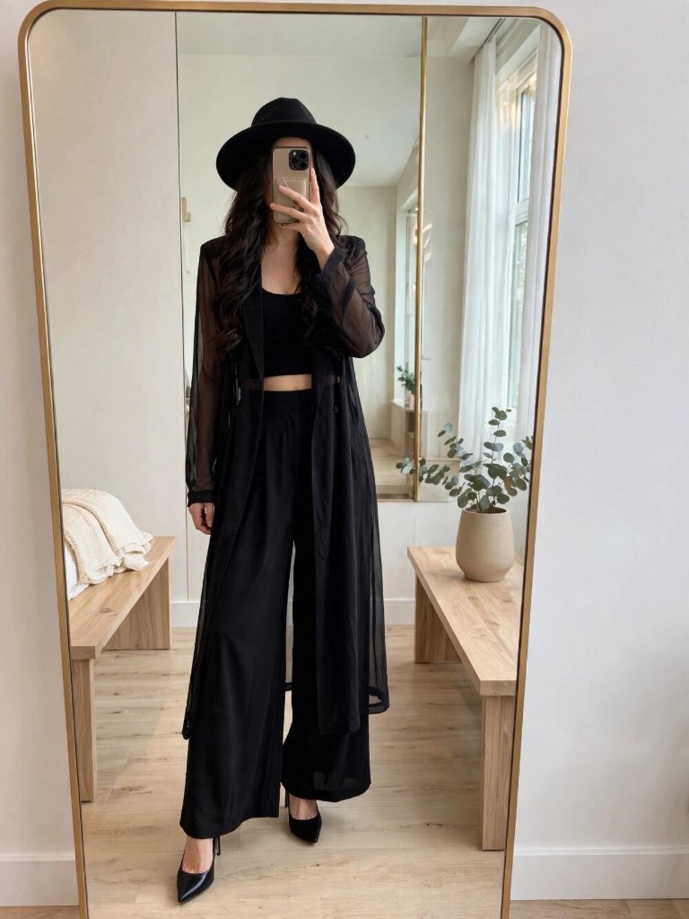 Black Sheer Chiffon Long Duster Coat Double Breasted Blazer Style S